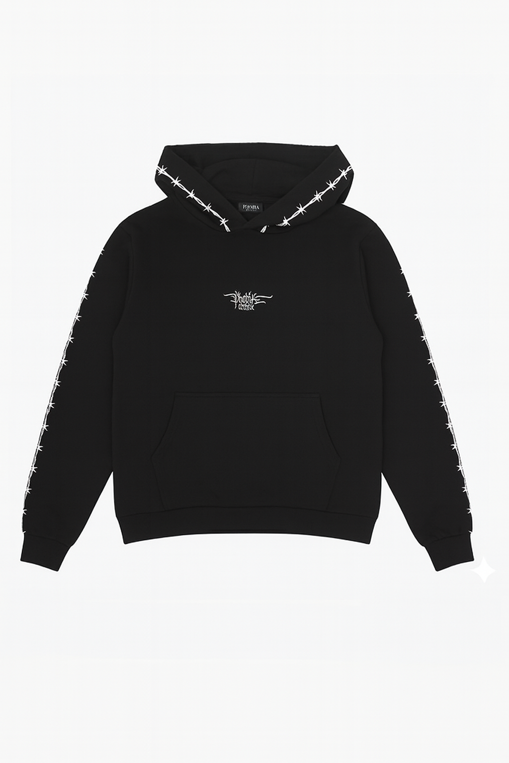 BLACK HOODIE WITH WHITE EMBROIDERED BARBED WIRE AND LOGO
