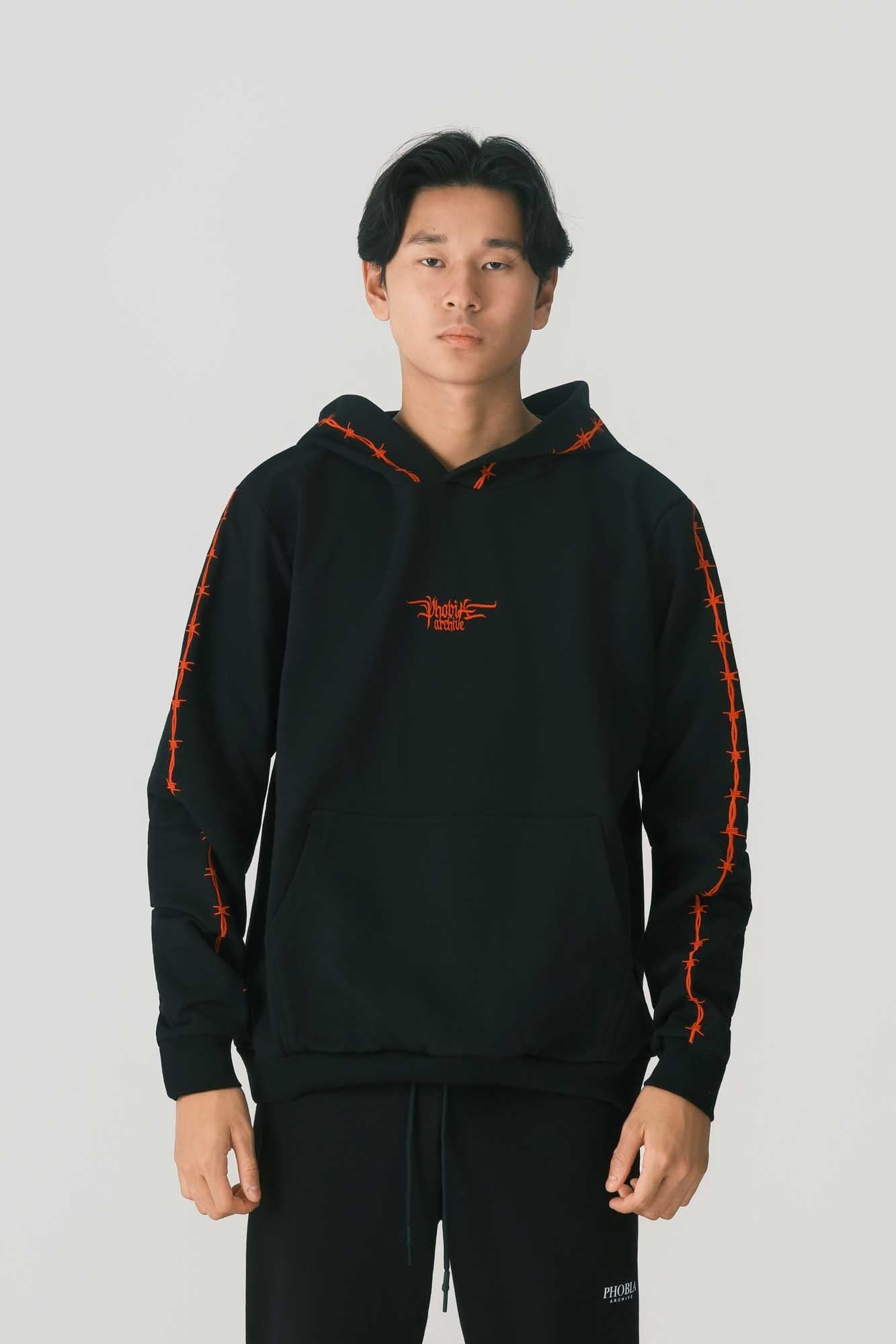 BLACK HOODIE WITH RED EMBROIDERED BARBED WIRE