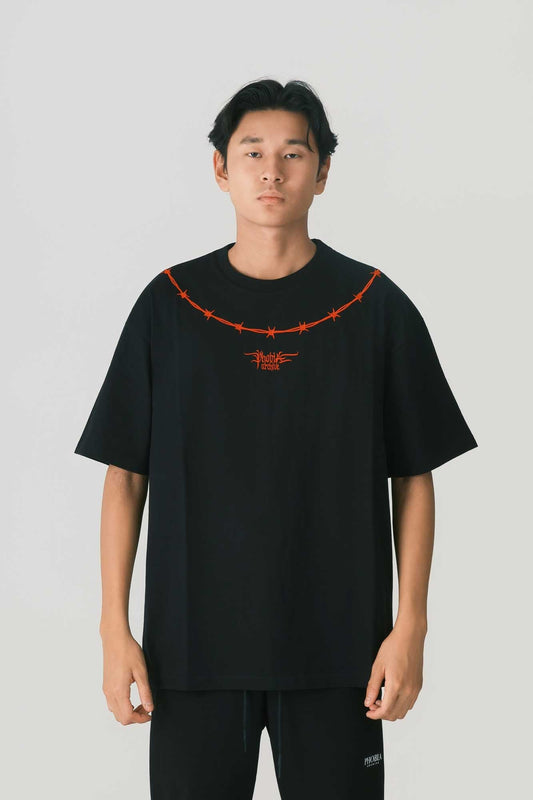 BLACK TEE WITH RED EMBROIDERED BARBED WIRE