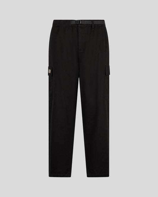 BLACK CARGO PANTS WITH METAL LABEL