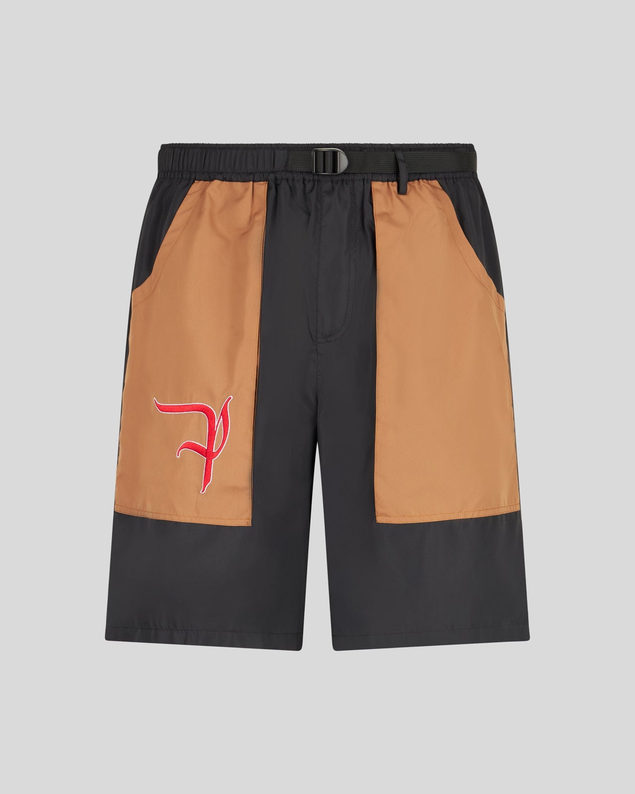 BLACK CARGO SHORTS WITH EMBROIDERED GOTIC P