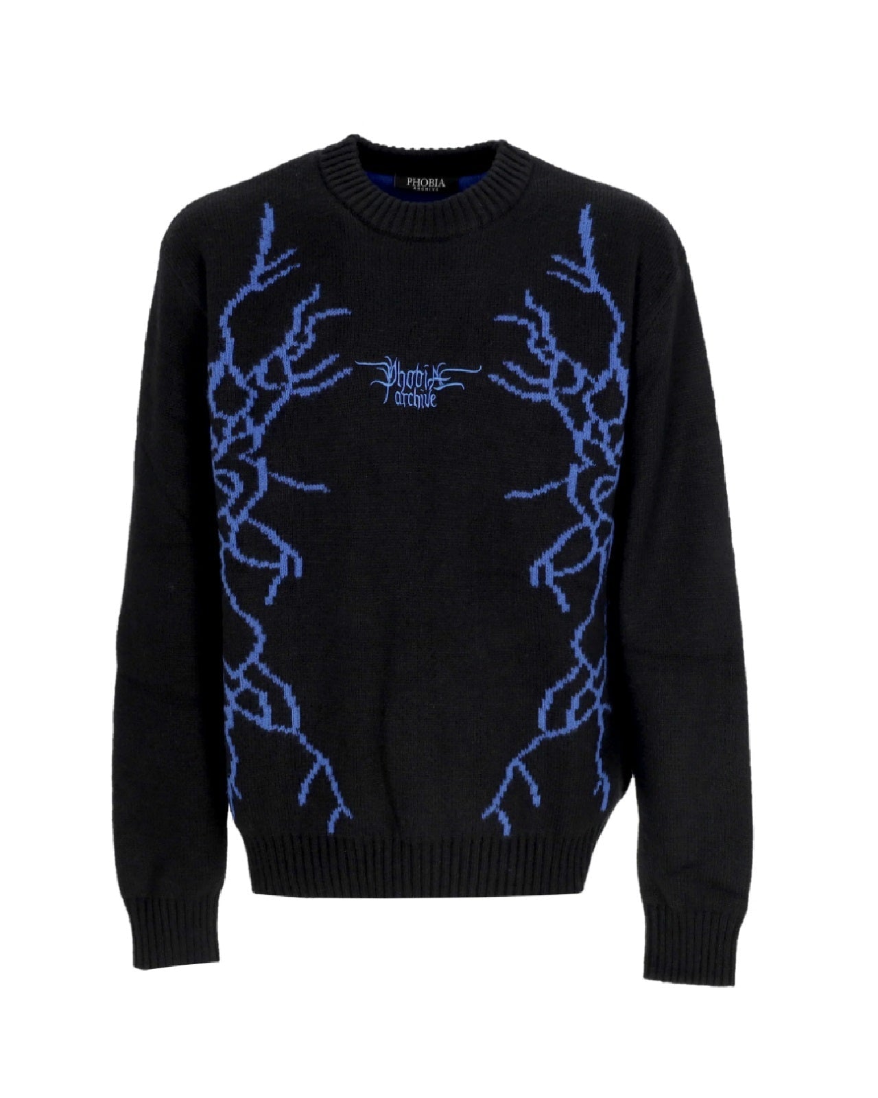 BLACK JUMPER WITH BLUE JACQUARD LIGHTNING AND LOGO