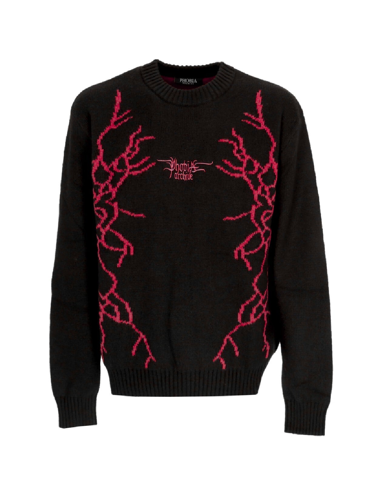BLACK JUMPER WITH RED JACQUARD LIGHTNING AND LOGO