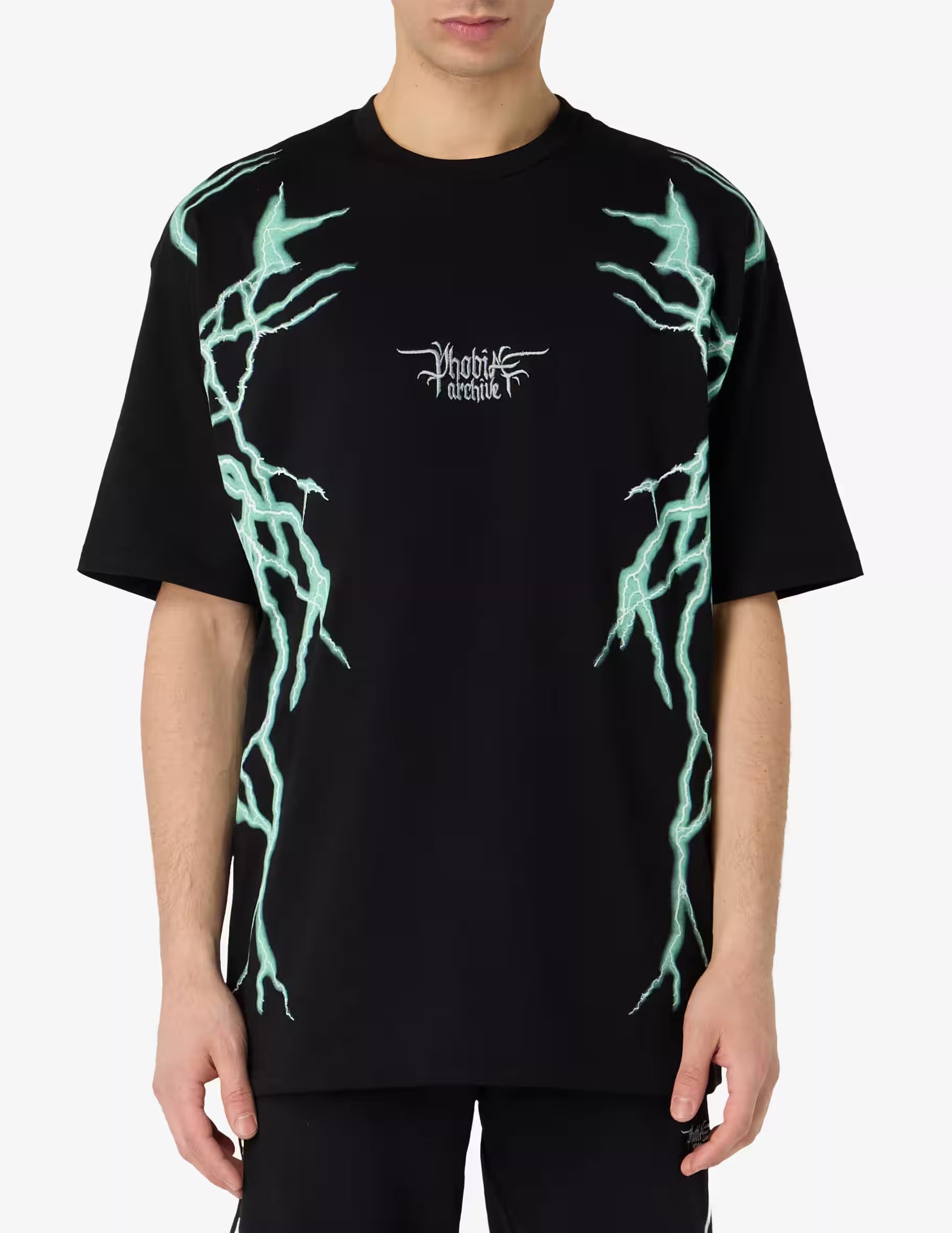 BLACK T-SHIRT WITH LATERAL GREENLIGHTNING PRINT AND GOTHIC LOGO
