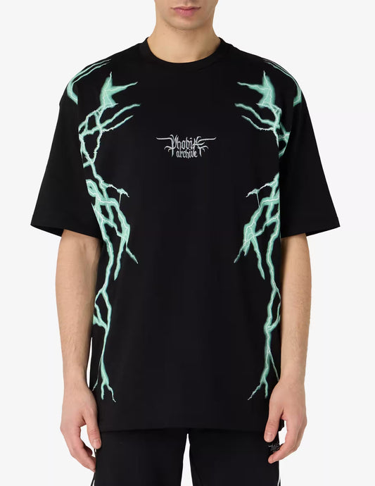 BLACK T-SHIRT WITH LATERAL GREENLIGHTNING PRINT AND GOTHIC LOGO
