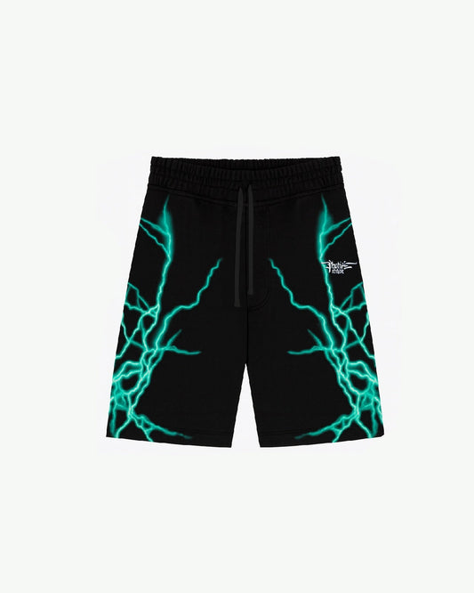 BLACK SHORTS WITH LATERAL GREENLIGHTNING PRINT AND EMBROIDERY GOTHIC LOGO
