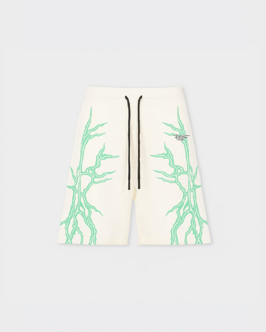 WHITE SHORTS WITH LATERAL GREENLIGHTNING PRINT AND EMBROIDERY GOTHIC LOGO