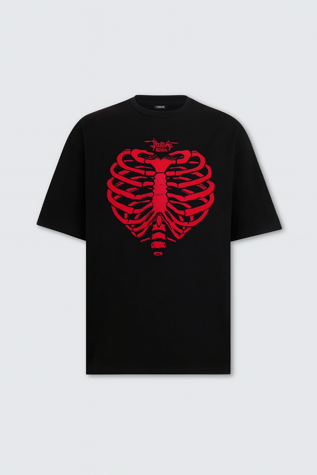 BLACK T-SHIRT WITH FRONT RED RIB HEART PRINT