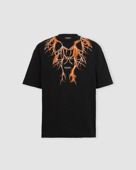 BLACK TSHIRT WITH ORANGE LIGHTNING