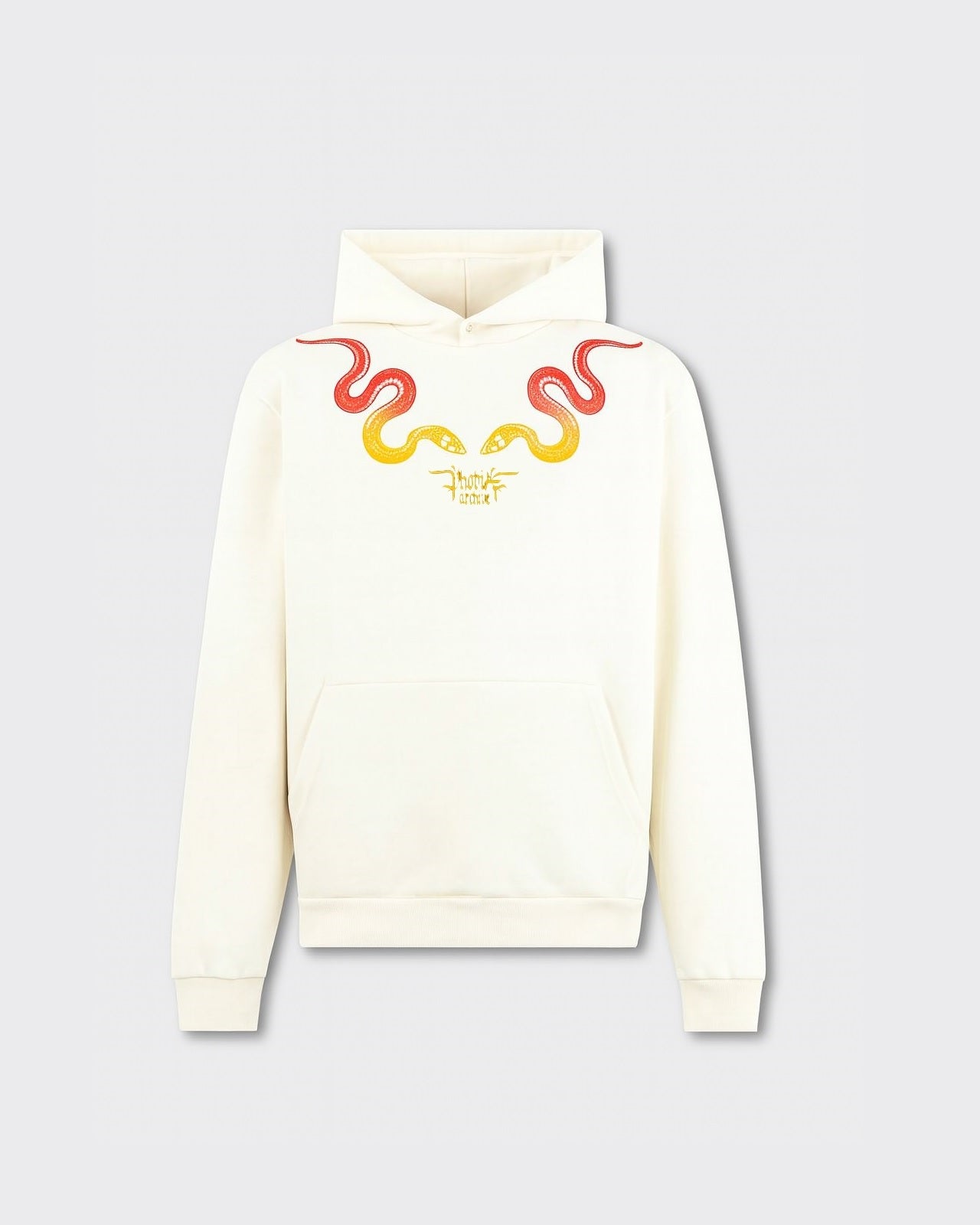 WHITE HOODIE WITH ORANGE AND YELLOW SNAKE PRINT