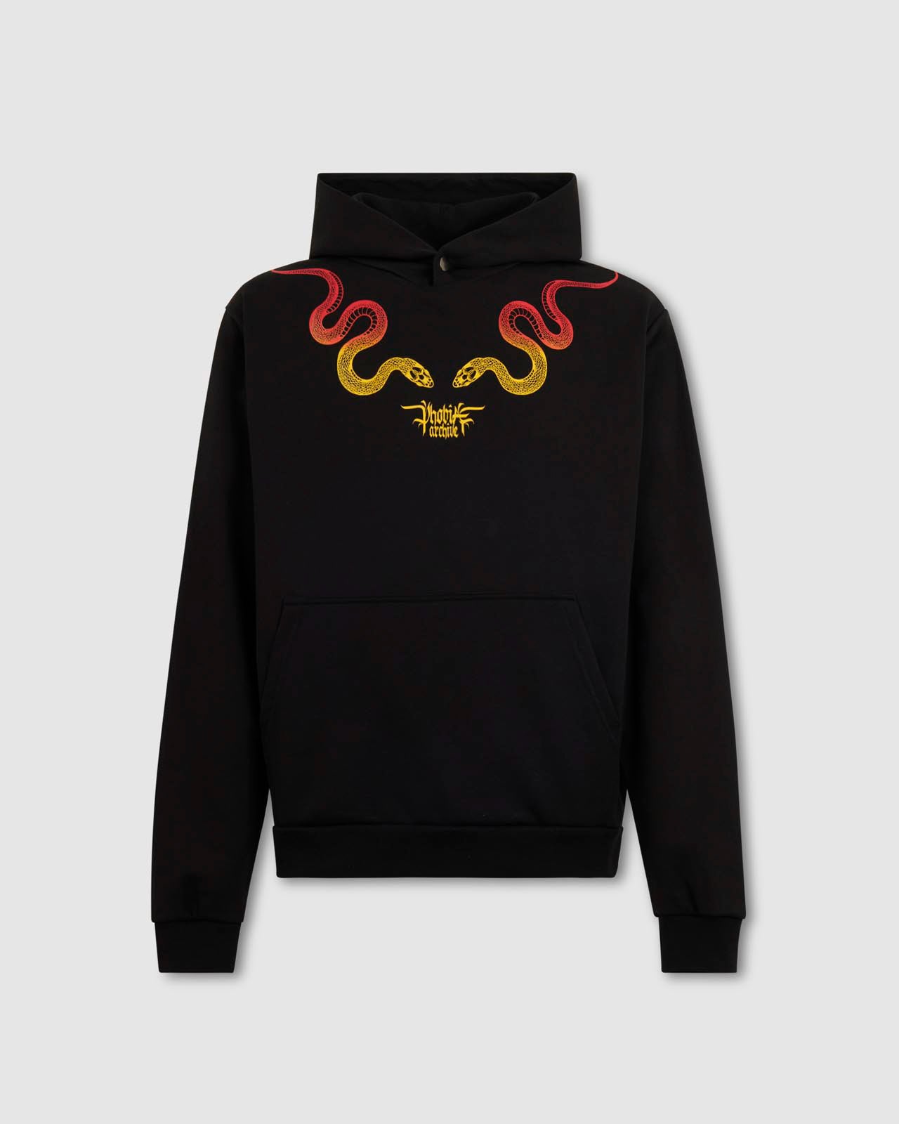BLACK HOODIE ORANGE AND YELLOW SNAKE PRINT