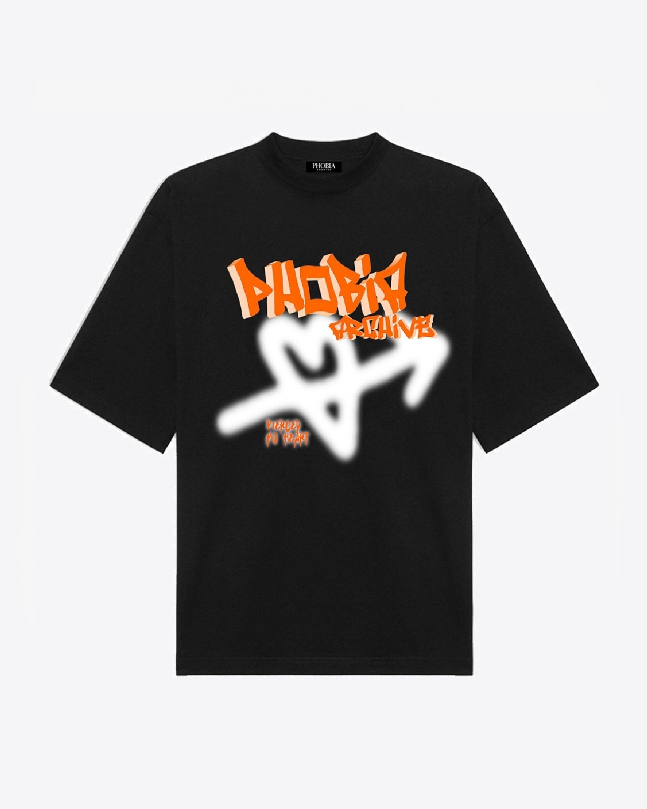 BLACK T-SHIRT WITH ORANGE SPRAY HEART PRINT