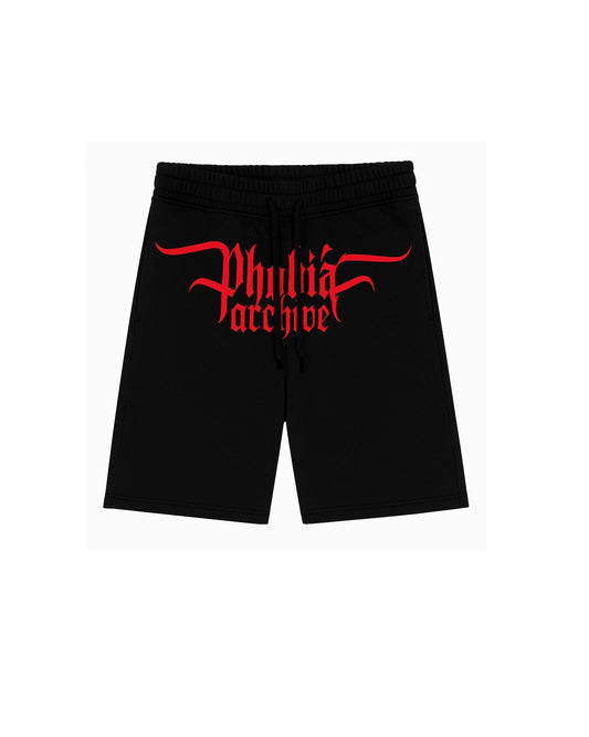 BLACK SHORTS WITH RED BIG LOGO PRINT ON FRONT
