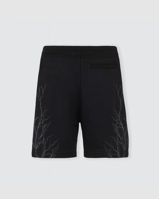 BLACK SHORTS WITH REFLECTIVE LIGHTNING PRINT AND LOGO PRINT