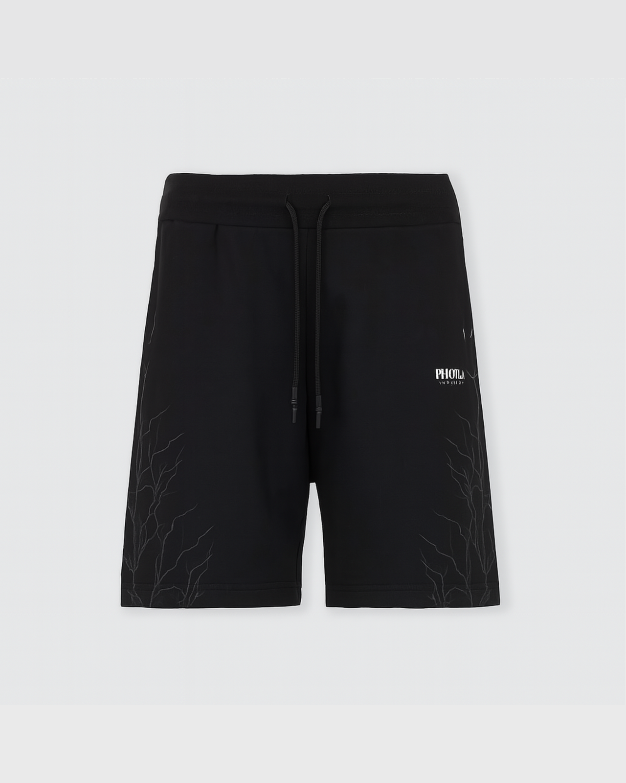 BLACK SHORTS WITH BLACK LIGHTNING PRINT AND LOGO PRINT