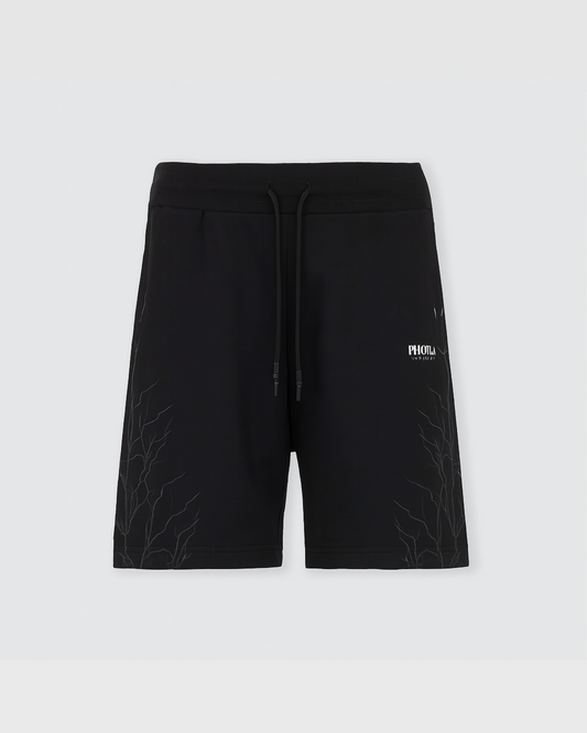 BLACK SHORTS WITH BLACK LIGHTNING PRINT AND LOGO PRINT