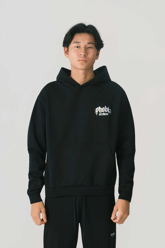 BLACK HOODIE WITH HOLOGRAPHIC LOGO BACK