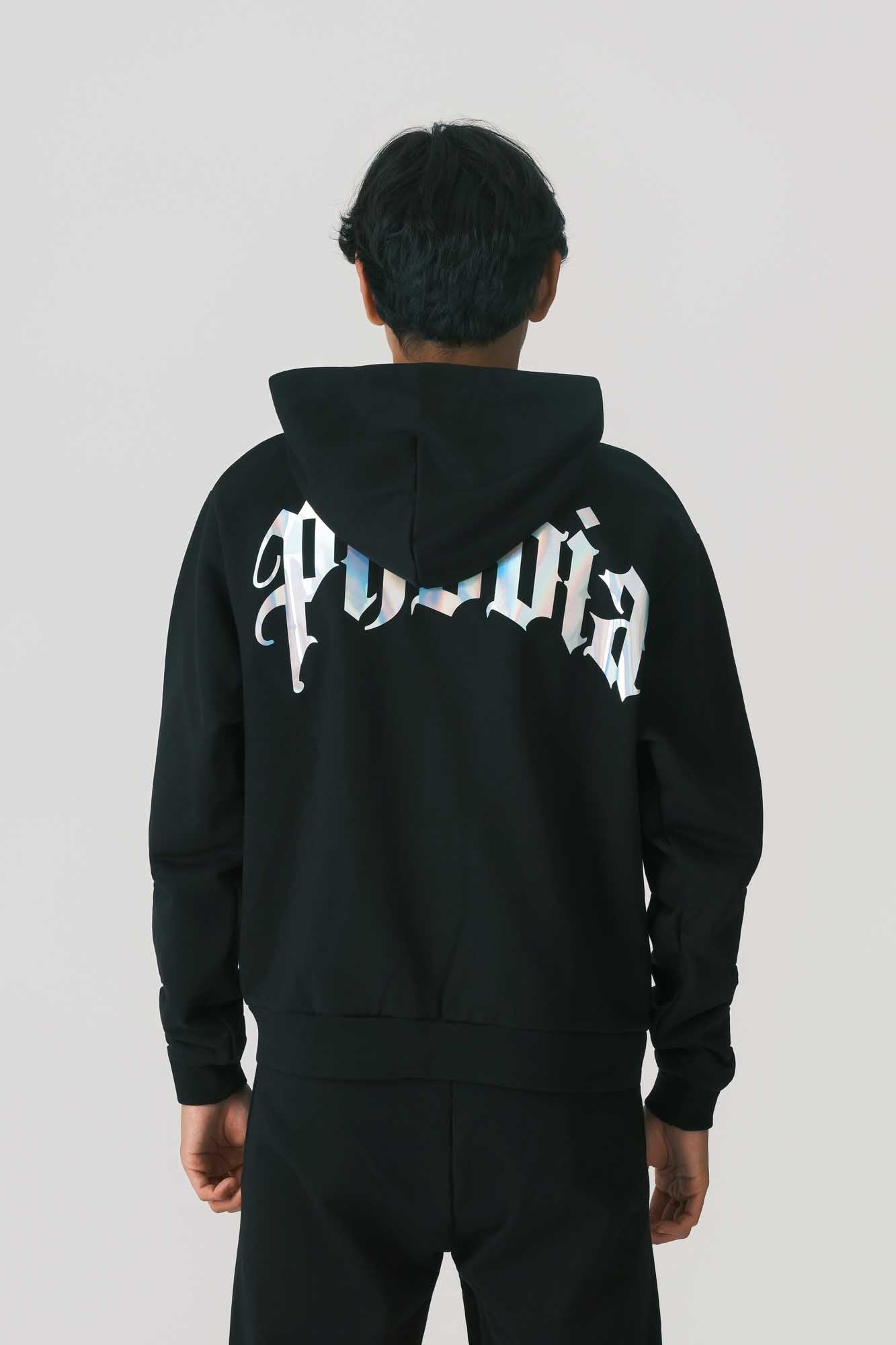 BLACK HOODIE WITH HOLOGRAPHIC LOGO BACK