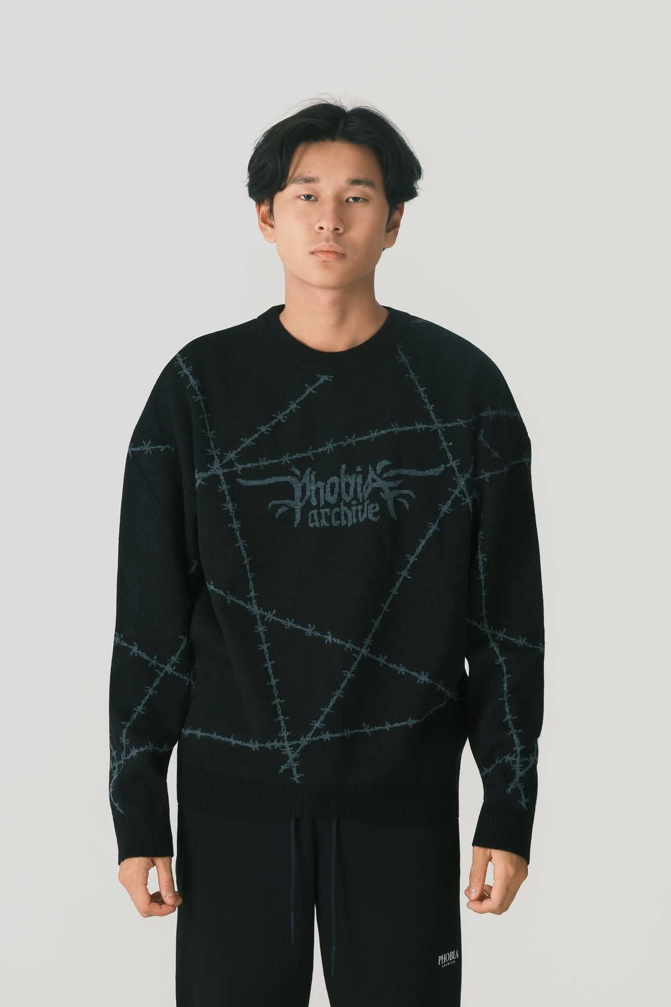BLACK SWEATER WITH GREY BARBED WIRE JACQUARD
