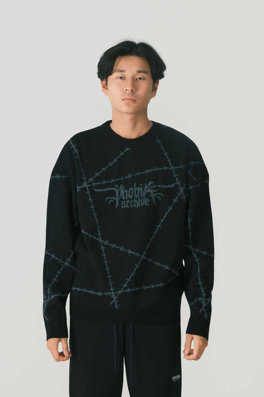 BLACK SWEATER WITH GREY BARBED WIRE JACQUARD