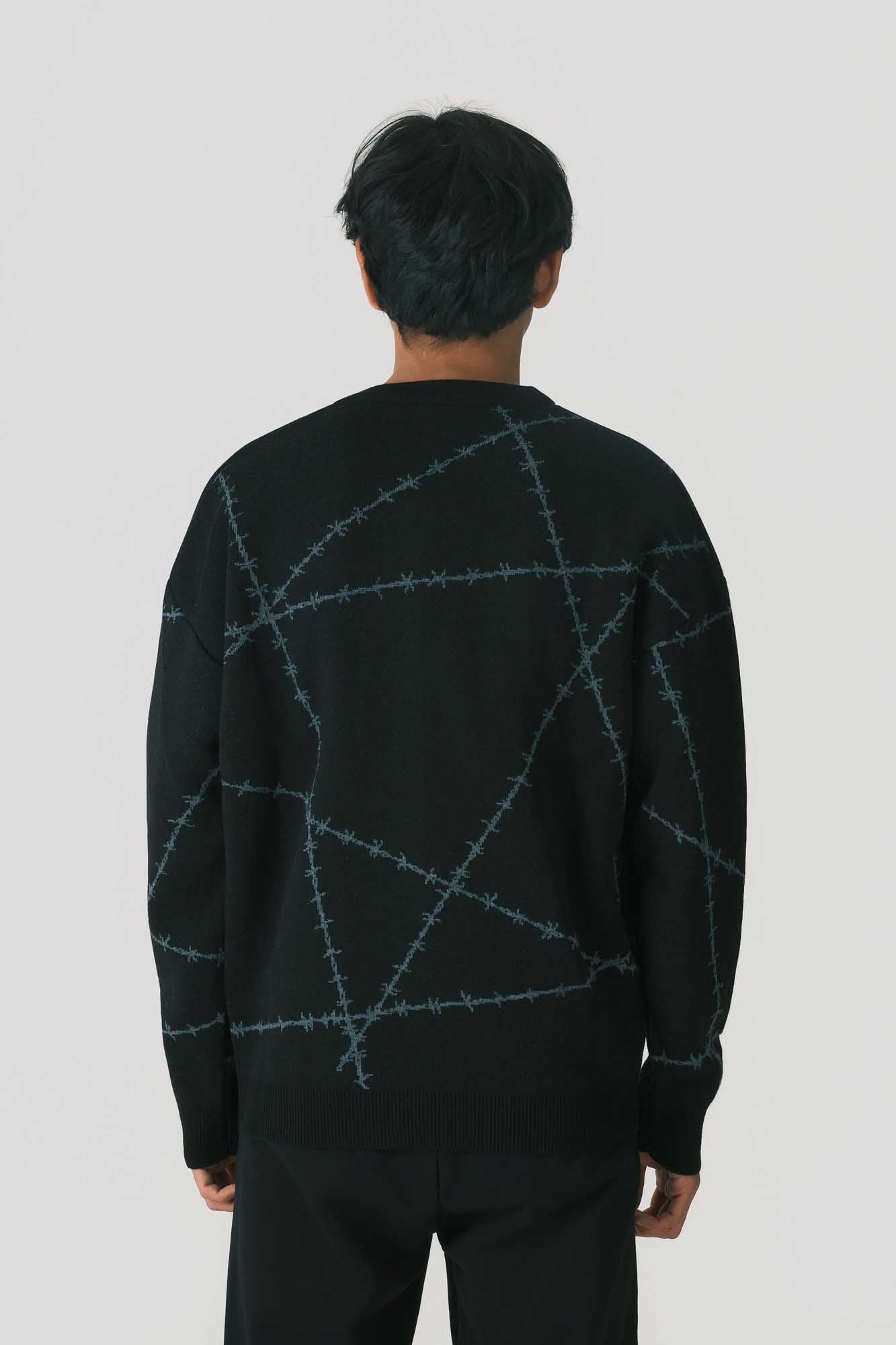 BLACK SWEATER WITH GREY BARBED WIRE JACQUARD