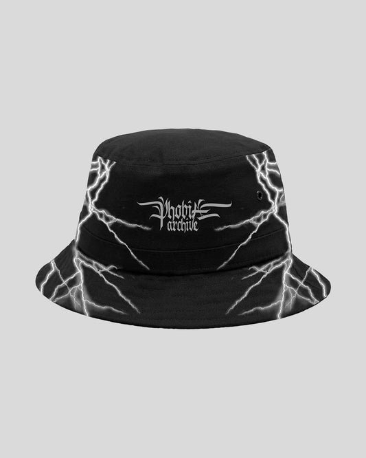 BLACK BUCKET CAP WITH WHITE LIGHTNING PRINT