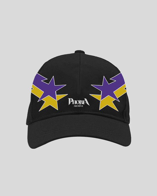 BLACK BASEBALL CAP WITH YELLOW AND PURPLE STARRY LIGHTNING PRINT