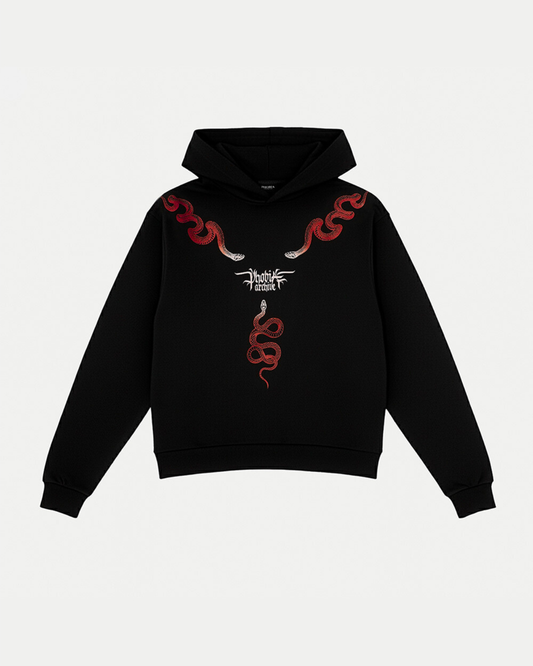 BLACK HOODIE WITH RED TRIPLE SNAKE PRINT