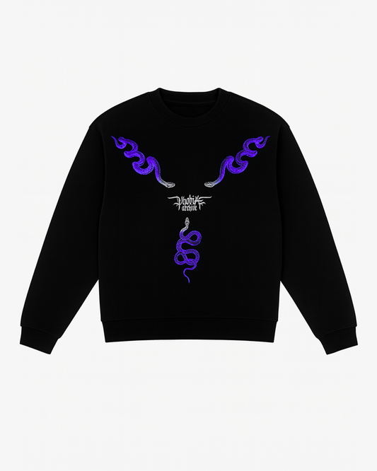 BLACK CREWNECK WITH PURPLE TRIPLE SNAKE PRINT