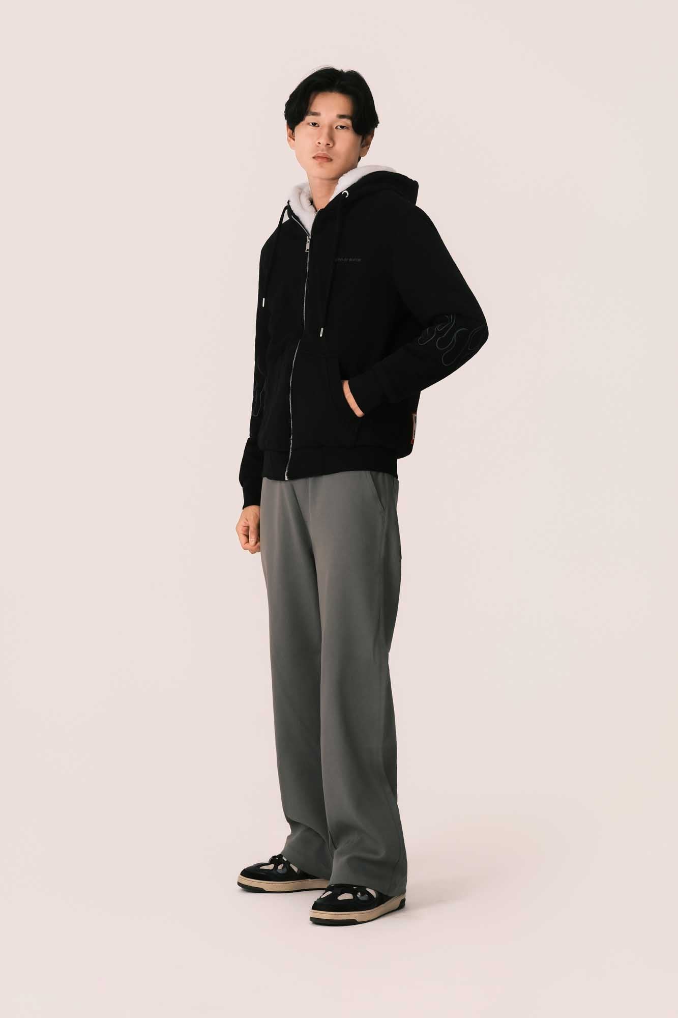 BLACK HOODIE WITH FLEECE LINING WITH FLAME AND PATCH