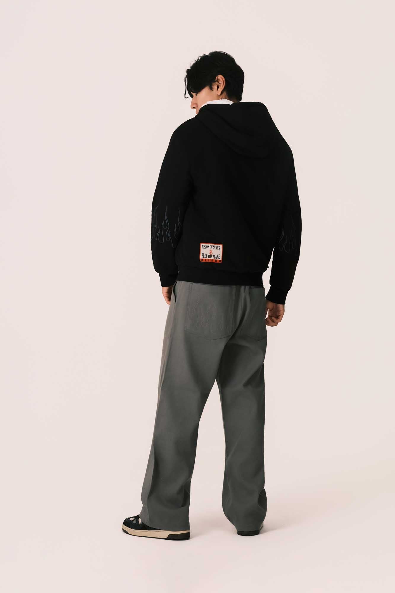 BLACK HOODIE WITH FLEECE LINING WITH FLAME AND PATCH