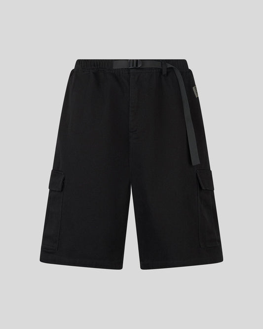BLACK CARGO SHORTS WITH FLAMES PATCH AND PRINTED LOGO