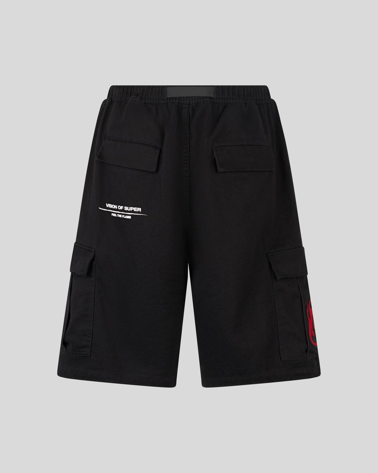 BLACK CARGO SHORTS WITH FLAMES PATCH AND PRINTED LOGO