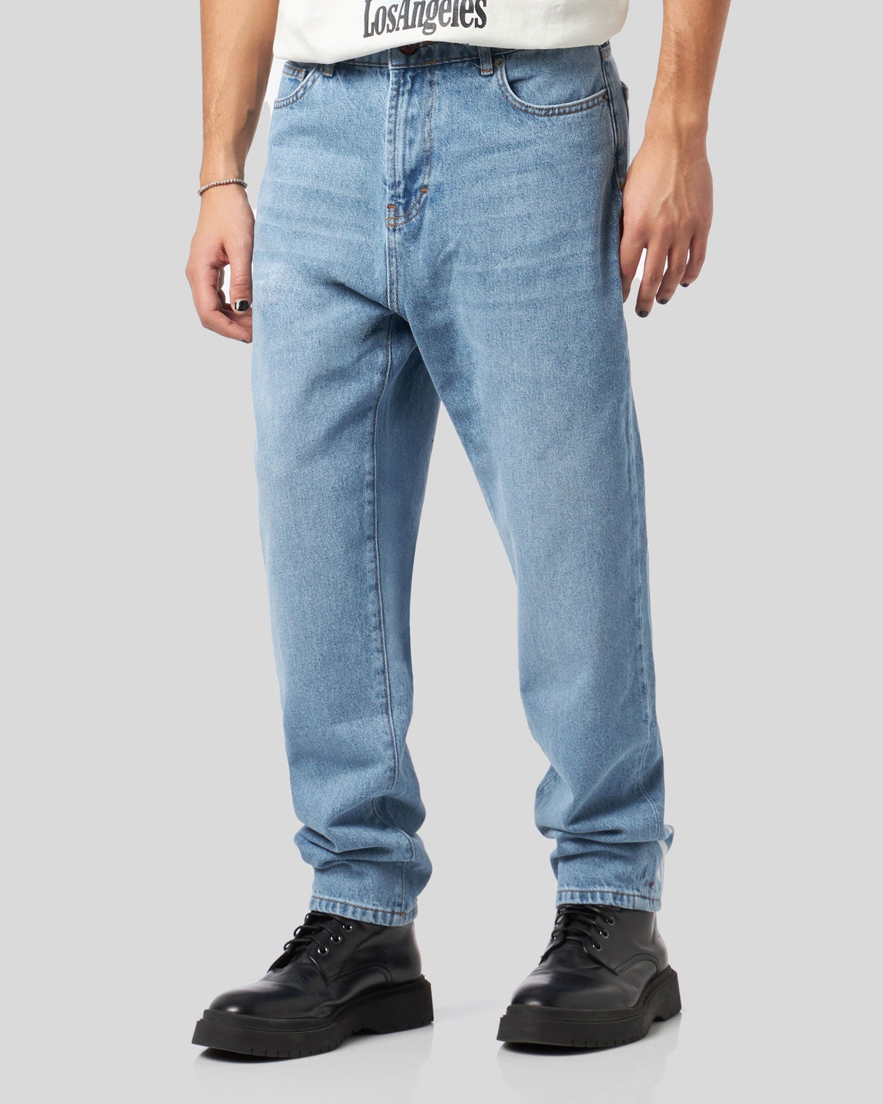 BLUE DENIM JEANS WITH PRINTED FLAMES AND LOGO