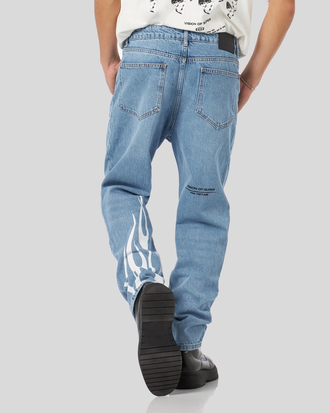 BLUE DENIM JEANS WITH PRINTED FLAMES AND LOGO