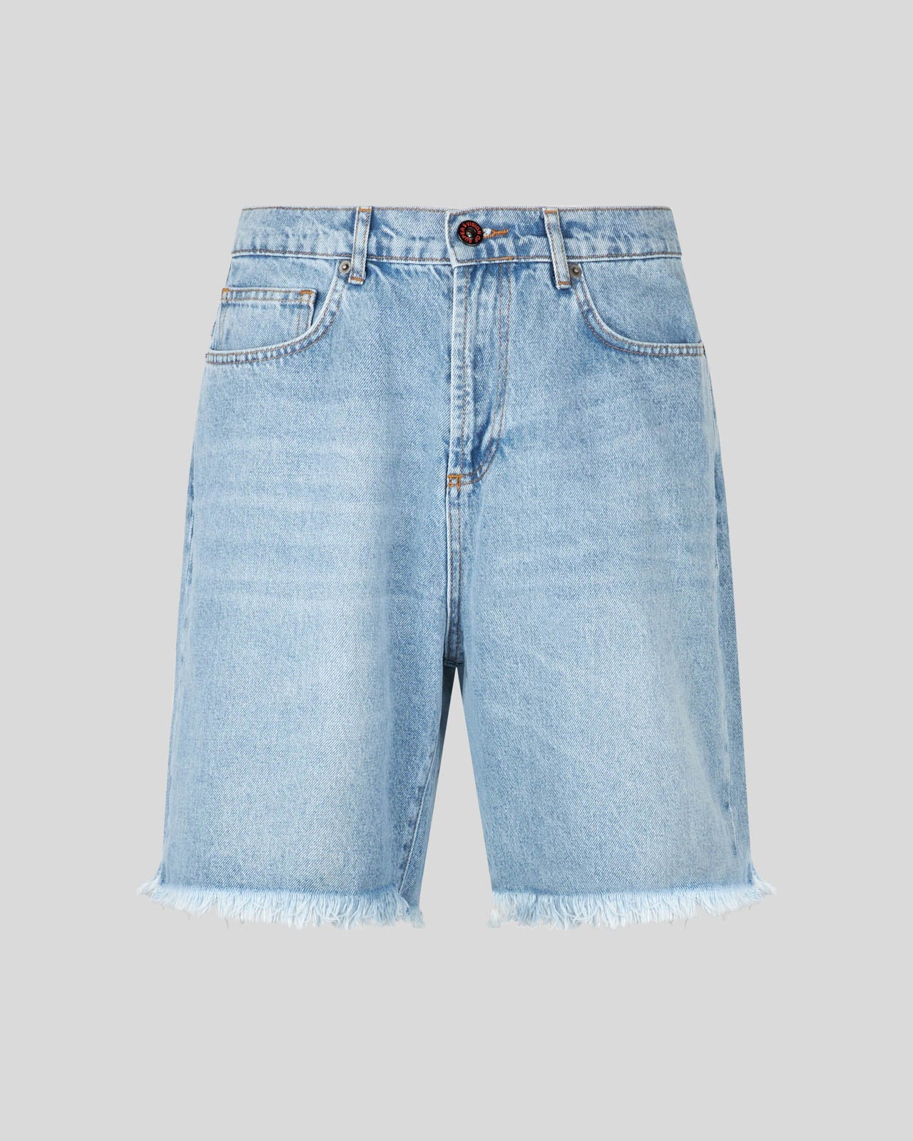BLUE DENIM SHORTS WITH PRINTED FLAMES AND LOGO