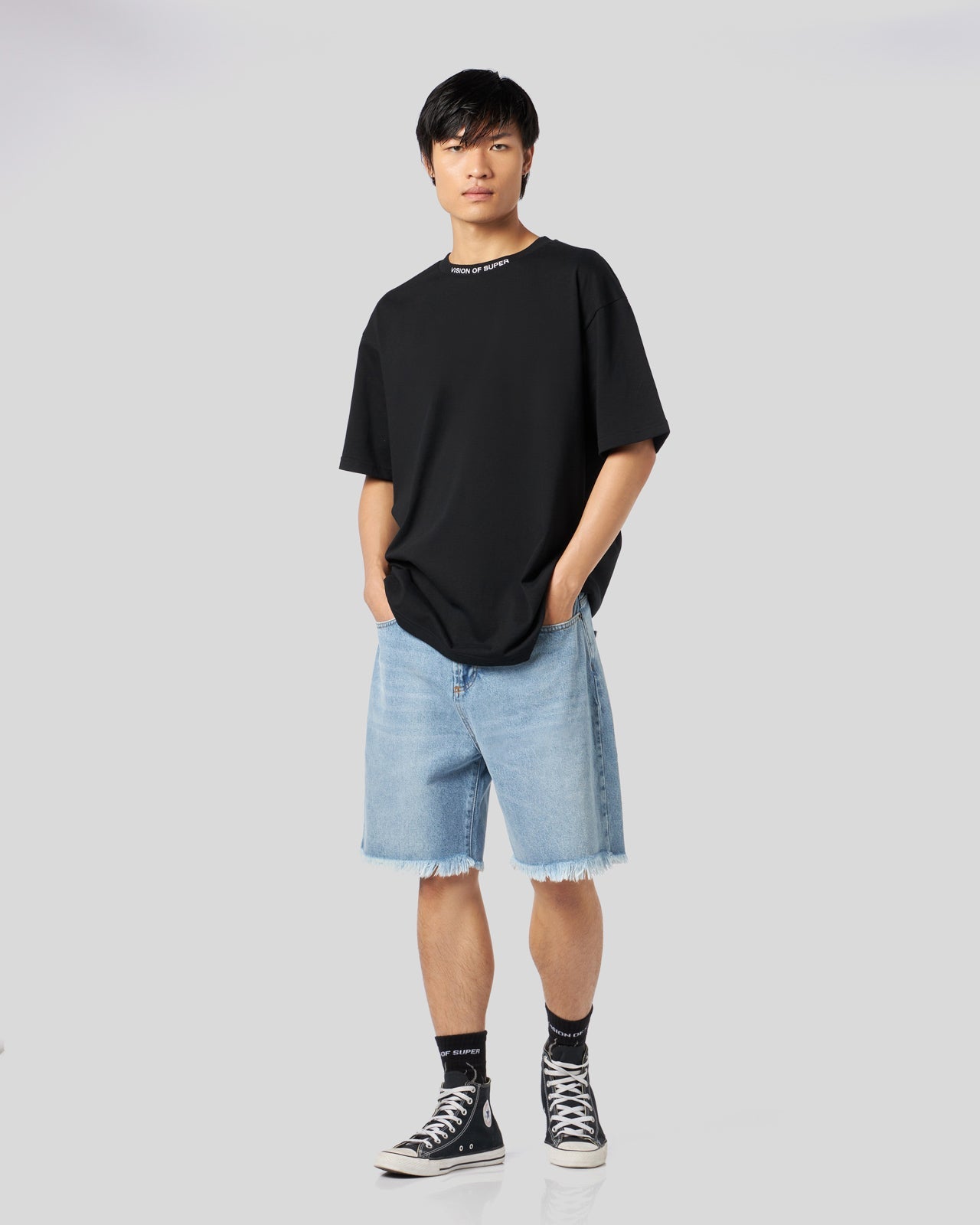 BLUE DENIM SHORTS WITH PRINTED FLAMES AND LOGO