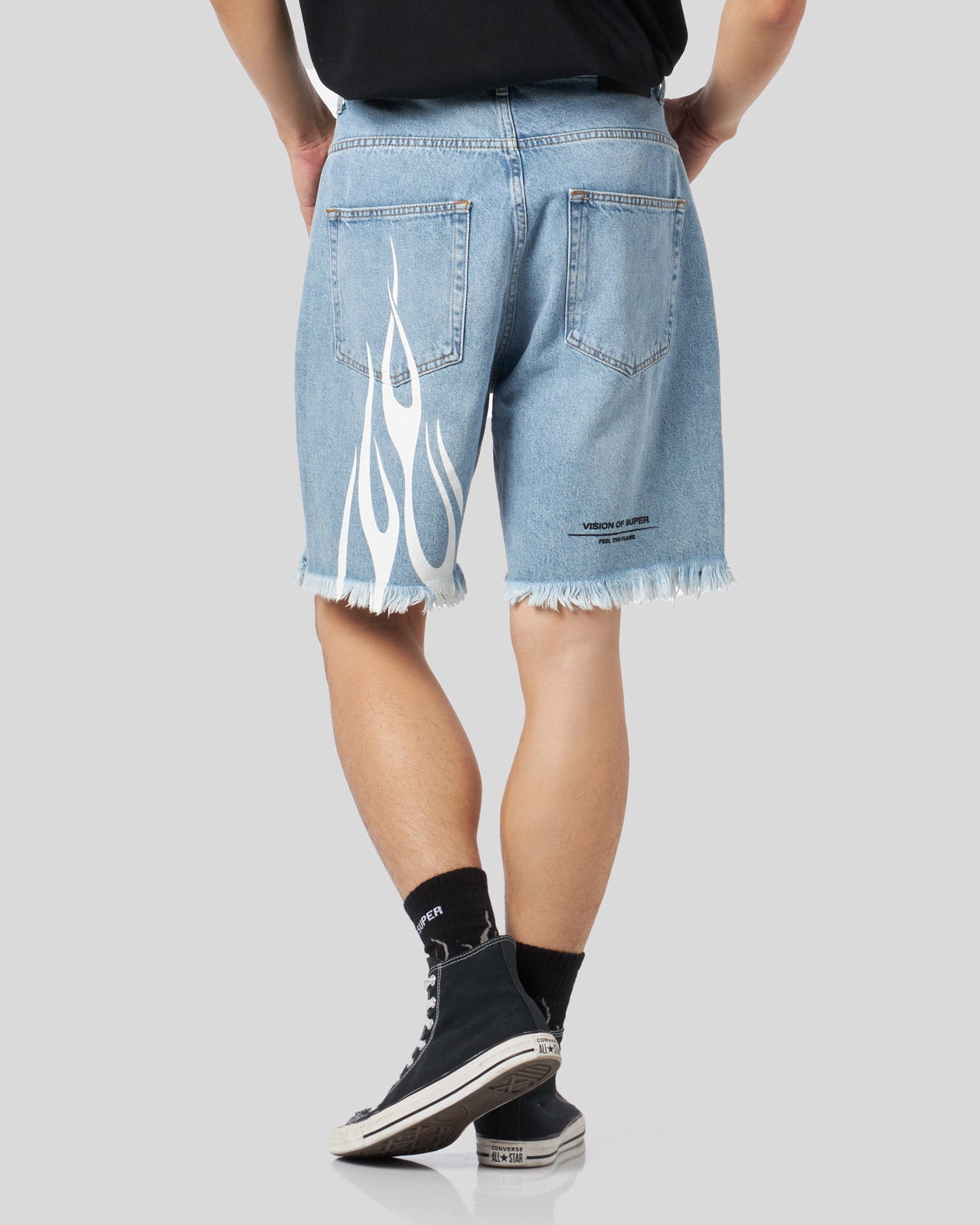 BLUE DENIM SHORTS WITH PRINTED FLAMES AND LOGO