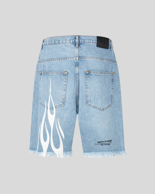 BLUE DENIM SHORTS WITH PRINTED FLAMES AND LOGO