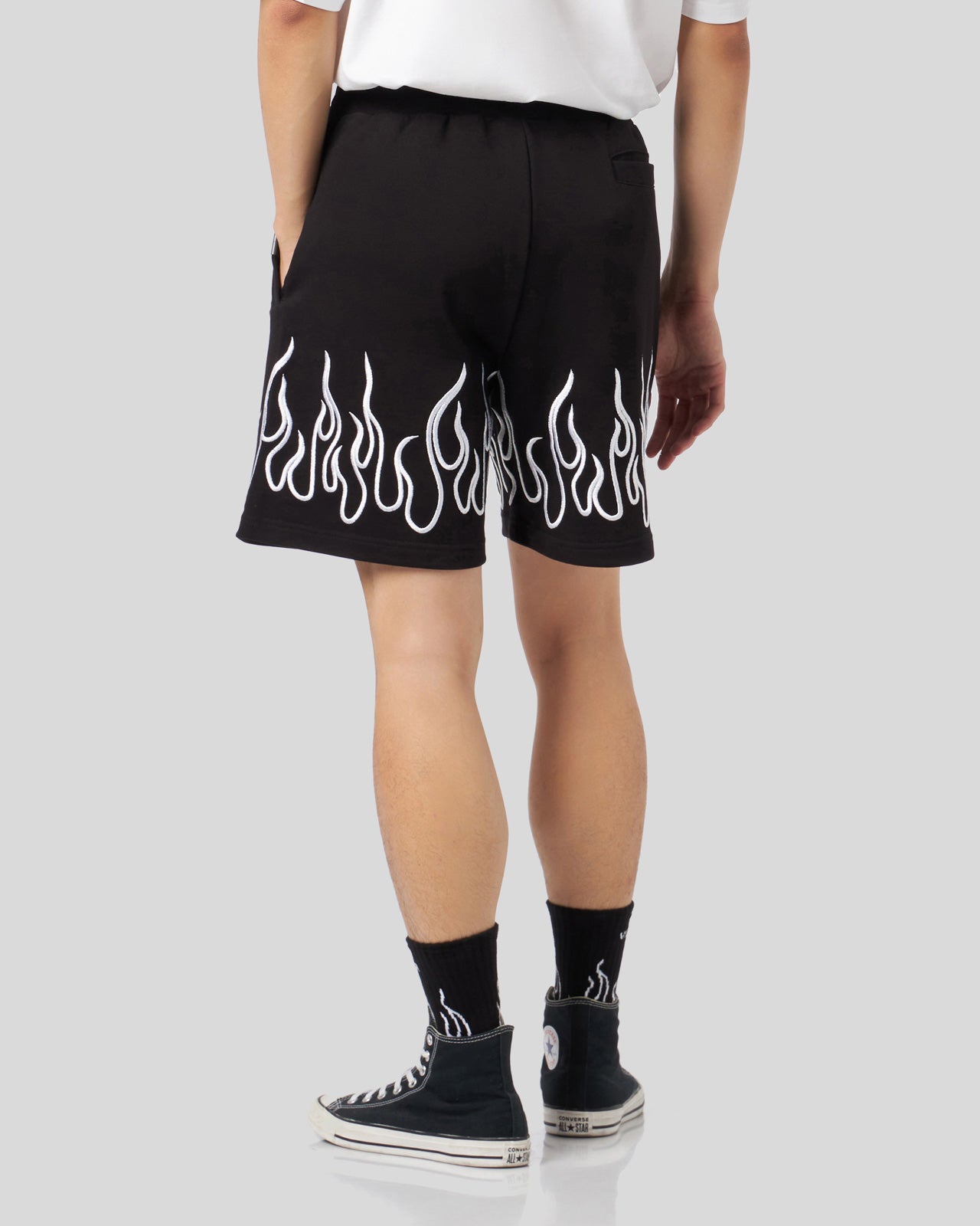 BLACK SHORTS WITH EMBROIDERED WHITE FLAMES