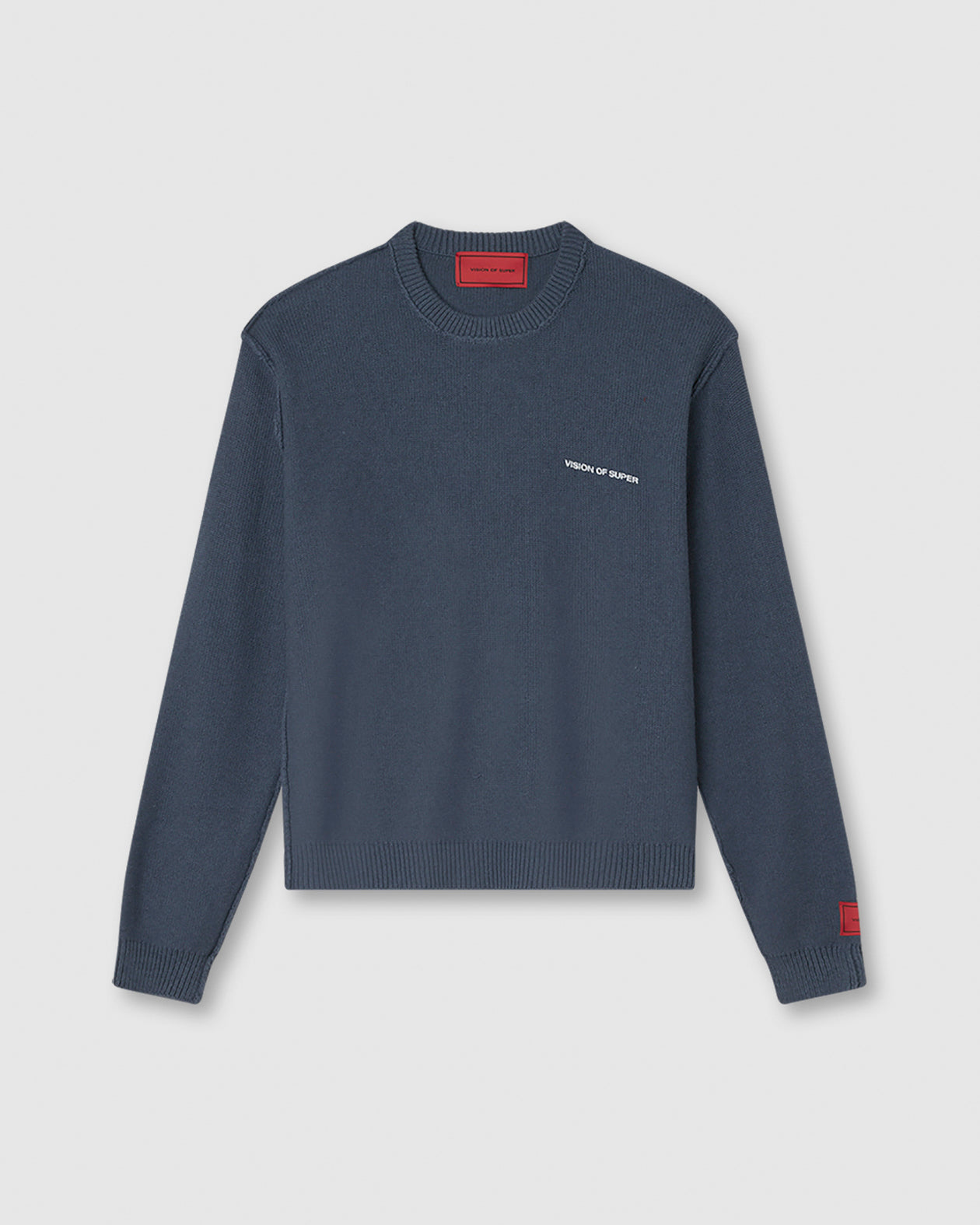 BLUE JUMPER WITH WHITE PRINT VOS MILANO ON BACK AND PRINTED LOGO ON FRONT