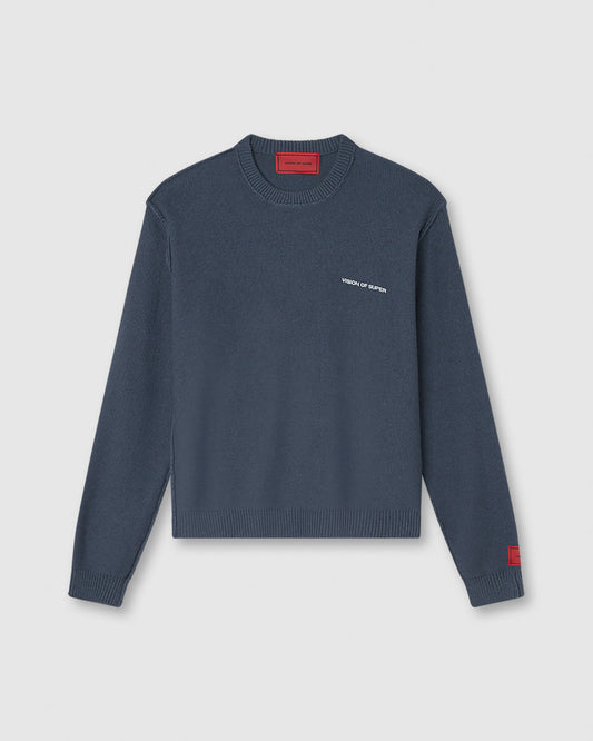 BLUE JUMPER WITH WHITE PRINT VOS MILANO ON BACK AND PRINTED LOGO ON FRONT