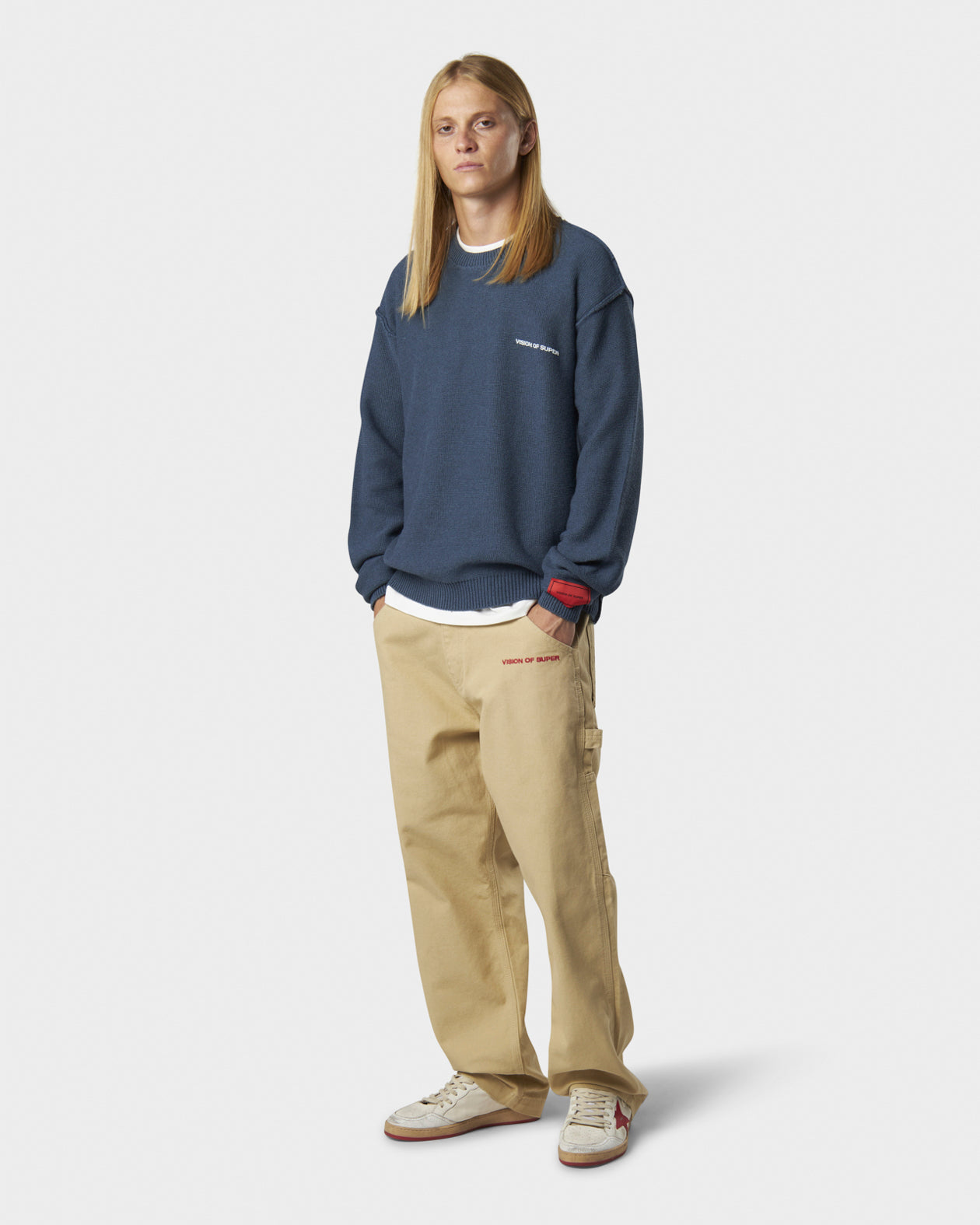 BLUE JUMPER WITH WHITE PRINT VOS MILANO ON BACK AND PRINTED LOGO ON FRONT