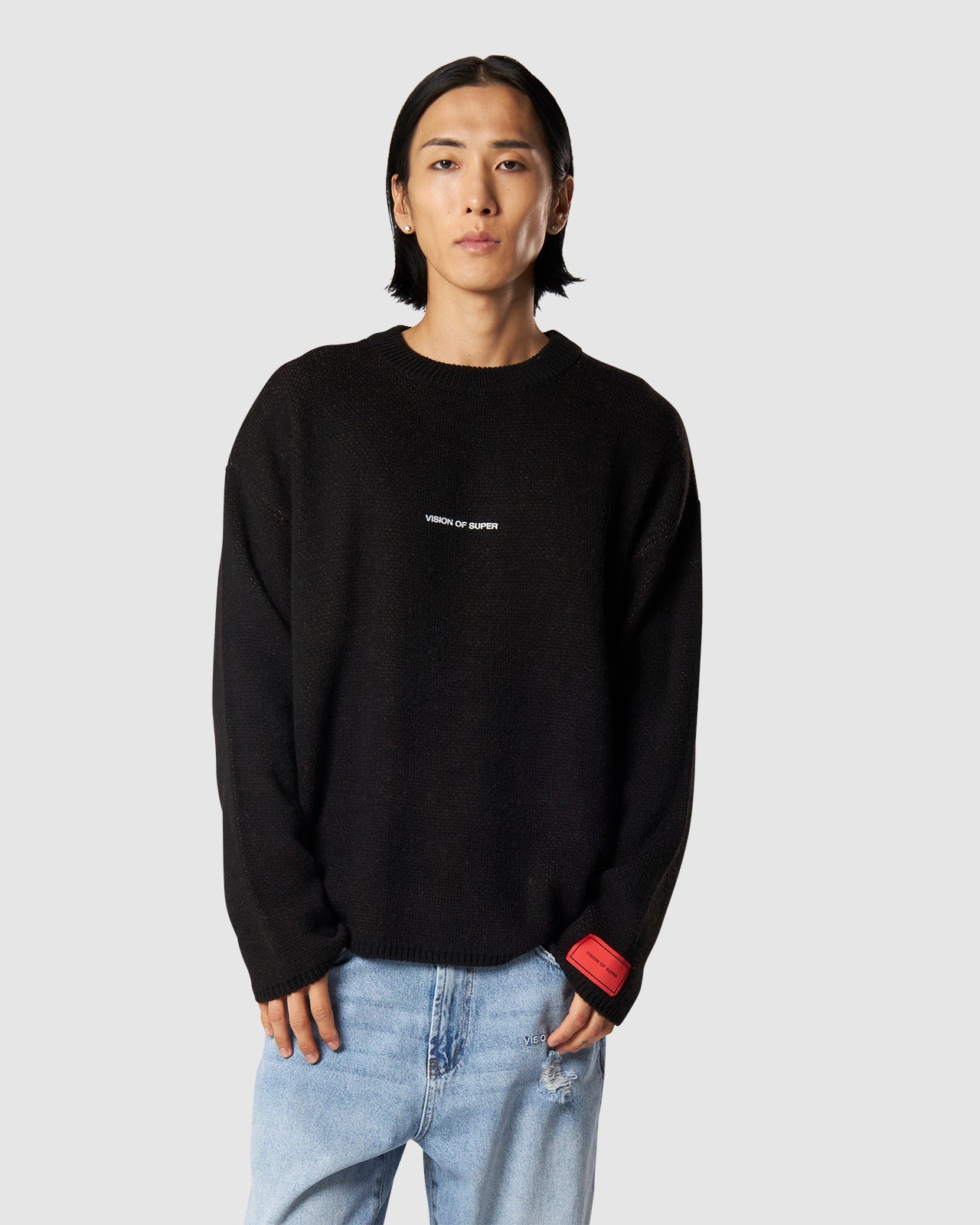 BLACK JUMPER WITH RED AND GRAY JACQUARD SKULL AND LOGO