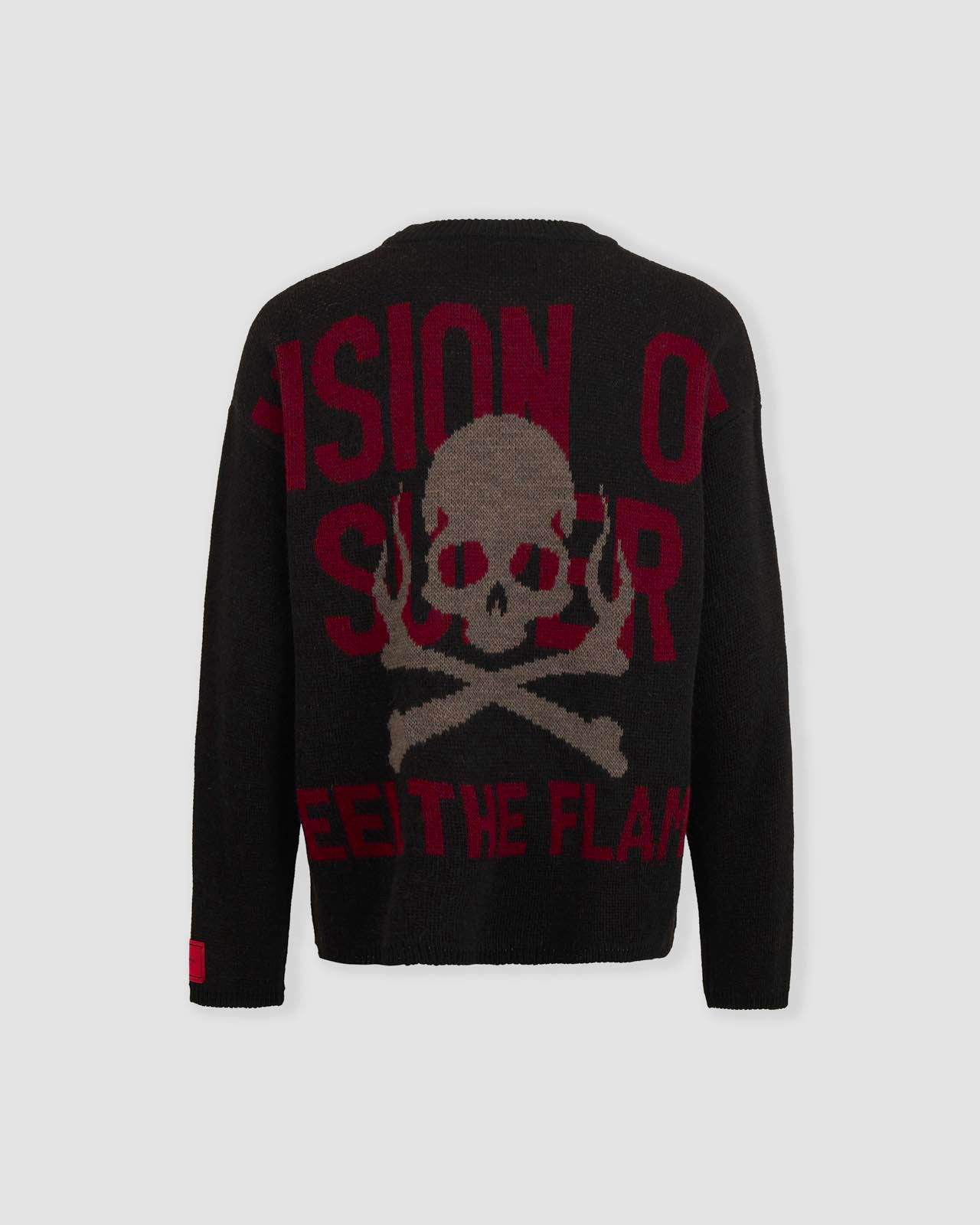 BLACK JUMPER WITH RED AND GRAY JACQUARD SKULL AND LOGO