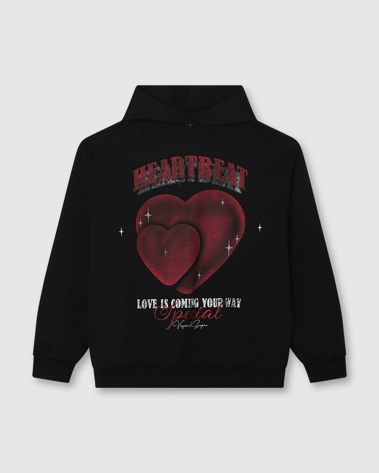 BLACK HOODIE WITH HEARTBEAT PRINT ON FRONT AND METAL LABEL AND BUTTON
