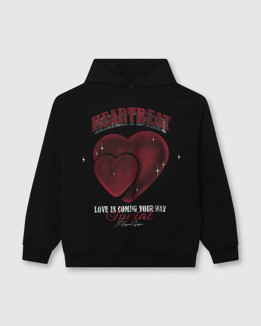 BLACK HOODIE WITH HEARTBEAT PRINT ON FRONT AND METAL LABEL AND BUTTON