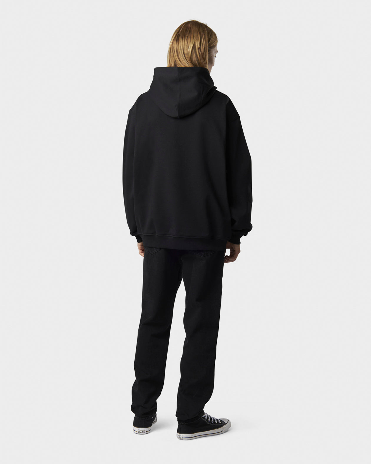 BLACK HOODIE WITH HEARTBEAT PRINT ON FRONT AND METAL LABEL AND BUTTON