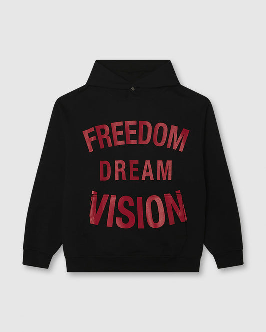 BLACK HOODIE WITH FREEDOM PRINT,METAL LABEL AND BUTTON