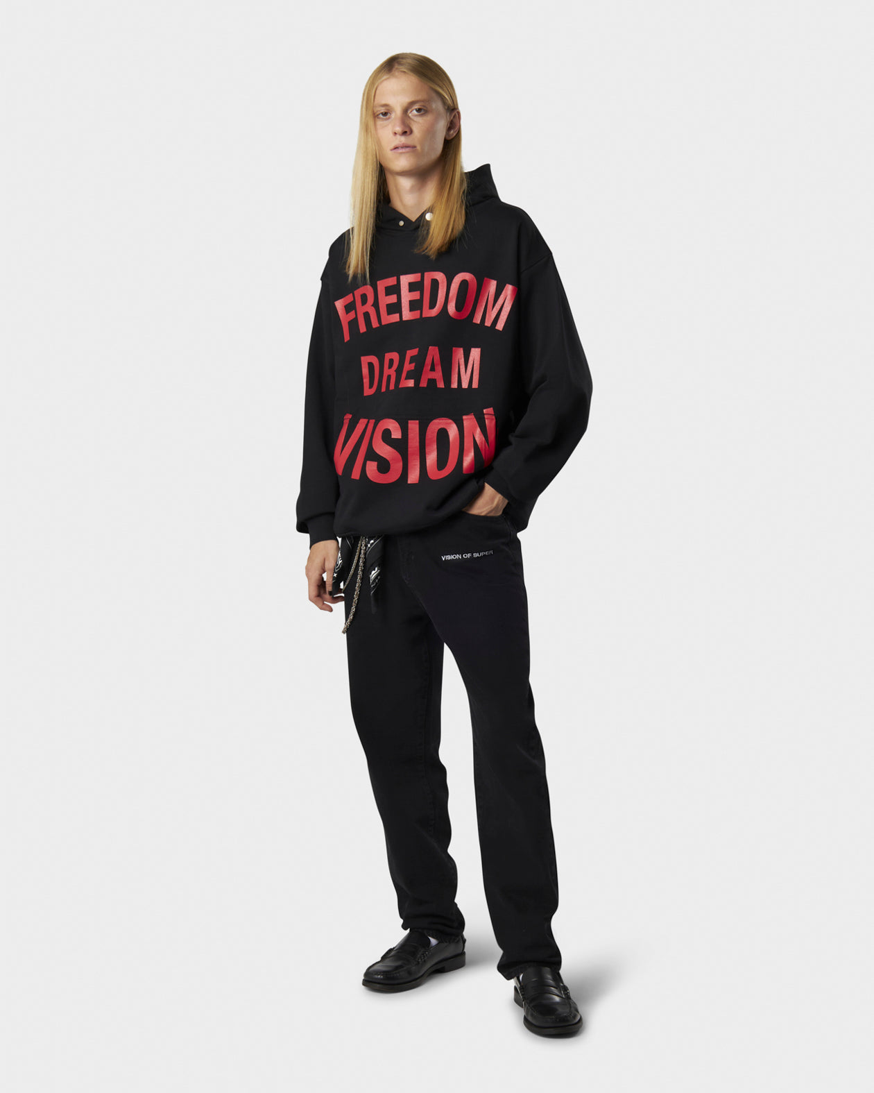 BLACK HOODIE WITH FREEDOM PRINT,METAL LABEL AND BUTTON